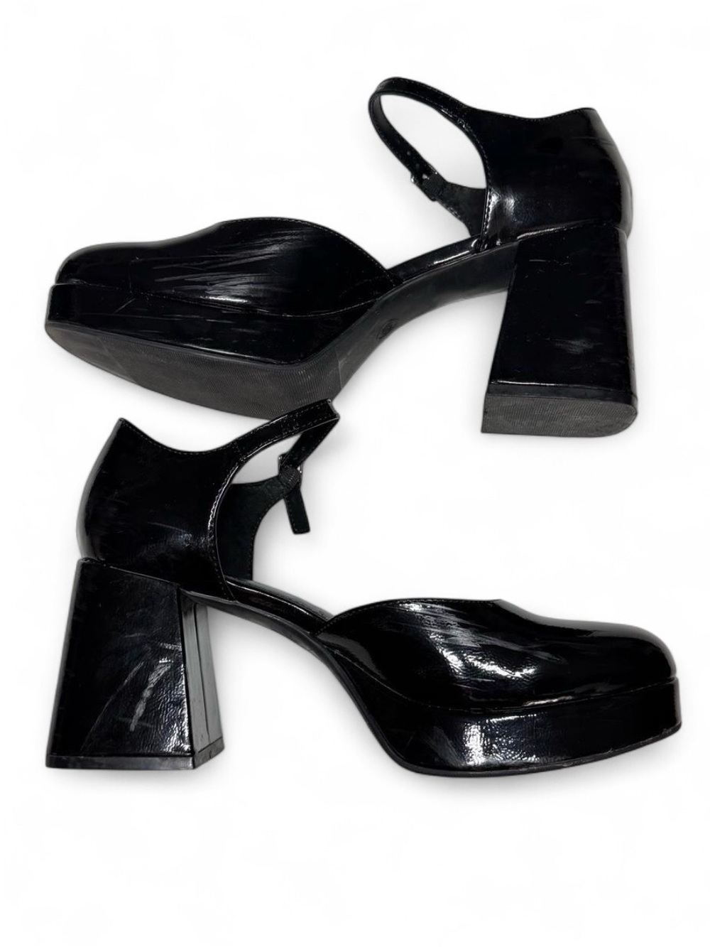 Black Patent Leather Mary Jane Platform Adjustable Slingback Heel Chunky Y2K 8.5